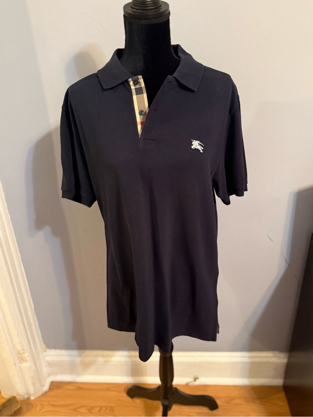 Burberry Navy Polo with Signature Check Placket